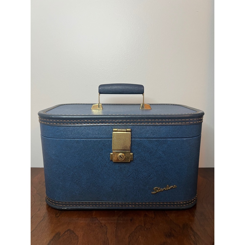 Starline Vintage Train Case Faux Leather Mid Century Blue Vanity Makeup Box